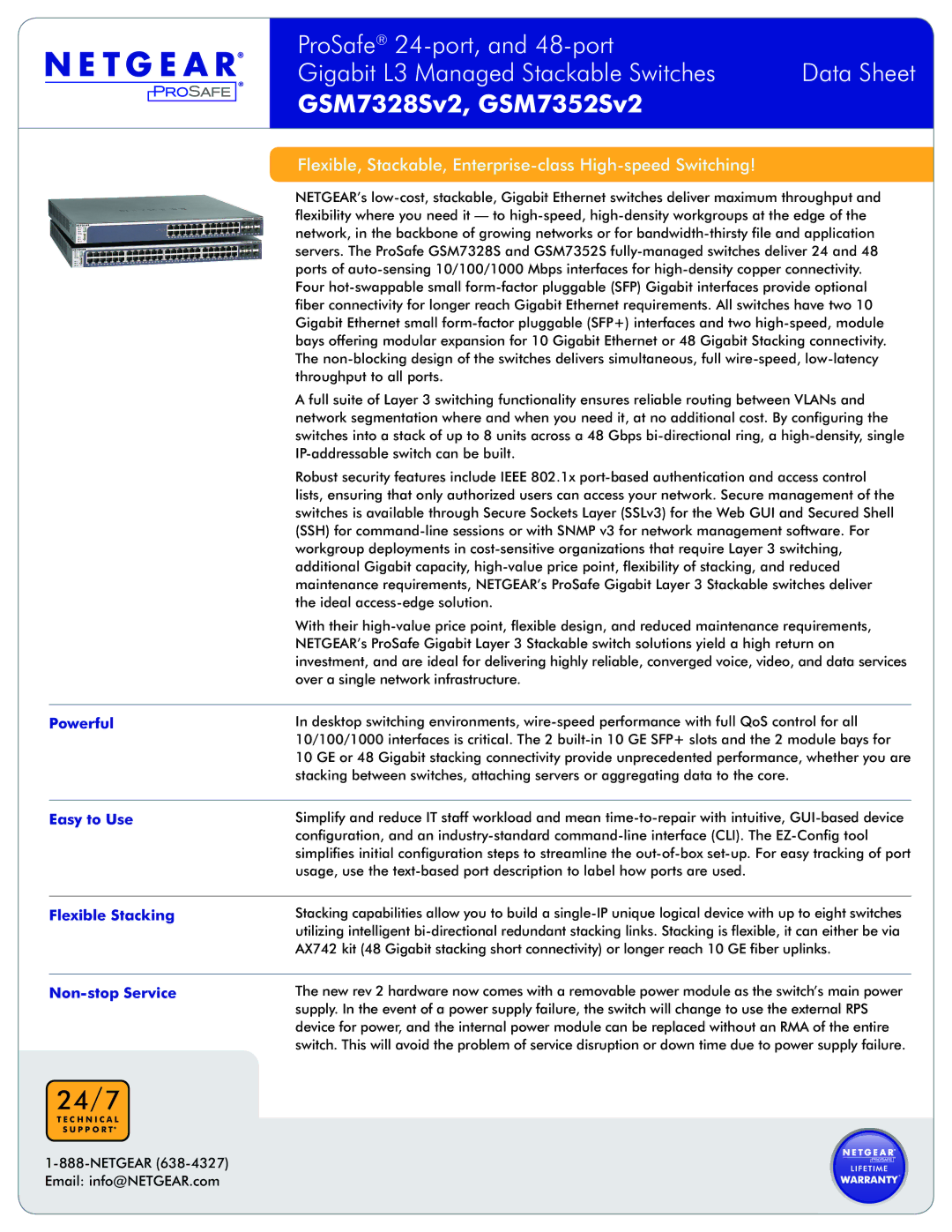 NETGEAR GSM7352Sv2, GSM7328Sv2 manual Powerful, Easy to Use, Flexible Stacking, Non-stop Service 