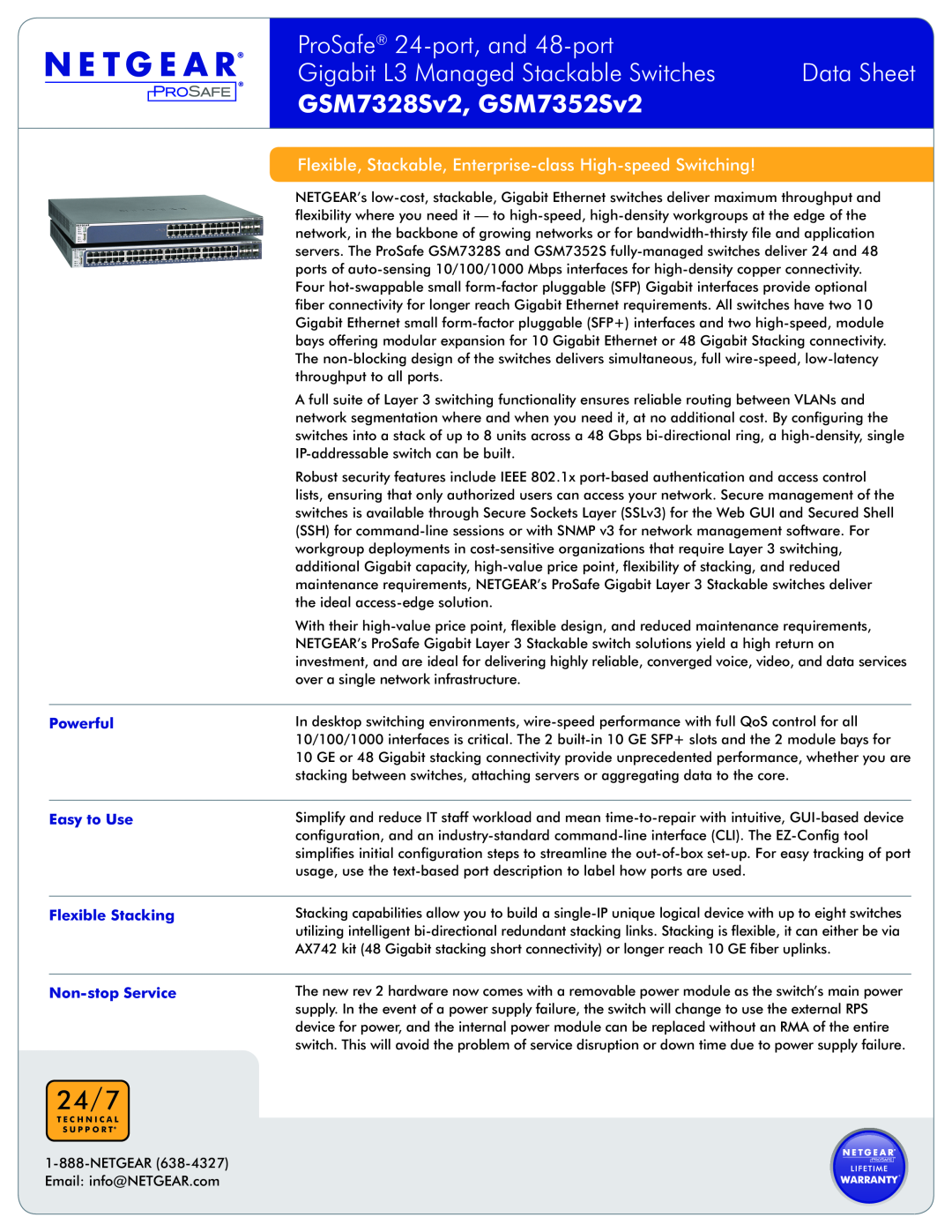 NETGEAR GSM7352Sv2 manual 24/7, ProSafe 24-port, and 48-port, Gigabit L3 Managed Stackable Switches, Data Sheet, Powerful 