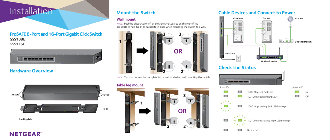 NETGEAR GSS108E, GSS116E manual Mount the Switch, ProSAFE8-Portand16-PortGigabitClickSwitch, Hardware Overview 