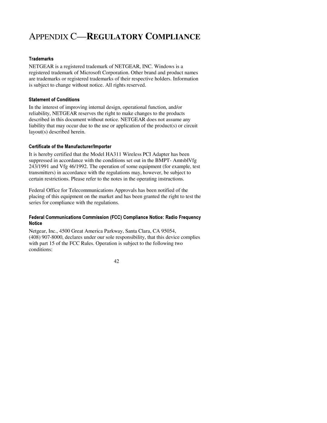 NETGEAR HA311 manual Appendix C-REGULATORY Compliance, Trademarks 