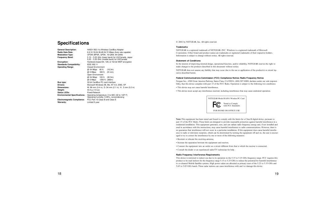 NETGEAR HA501 manual Specifications, Operating Range 