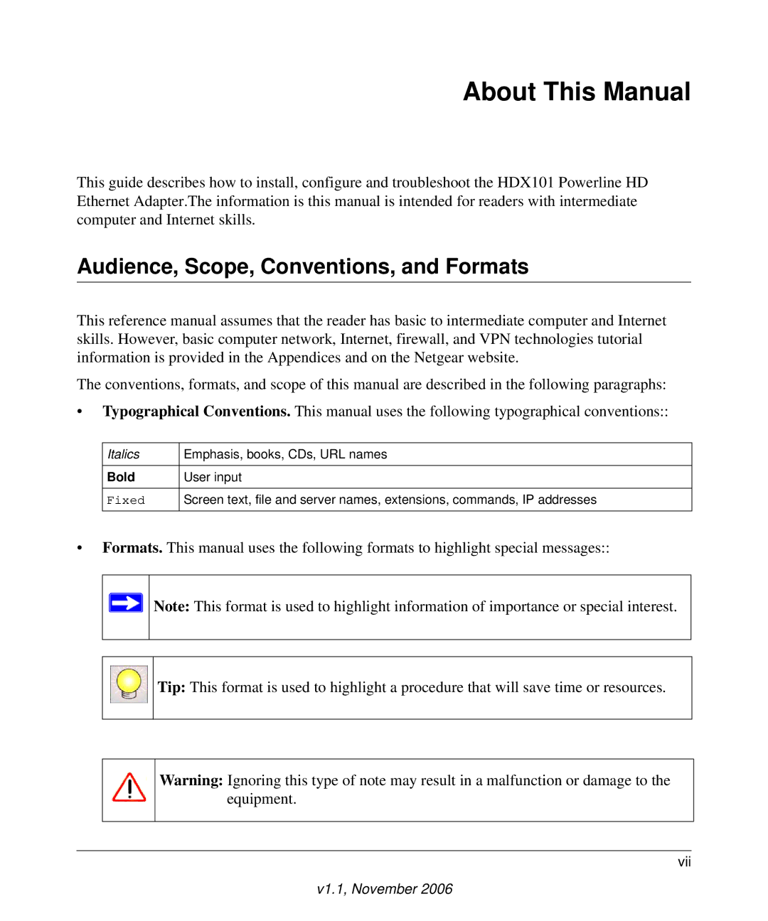 NETGEAR HDX101 manual About This Manual, Audience, Scope, Conventions, and Formats 