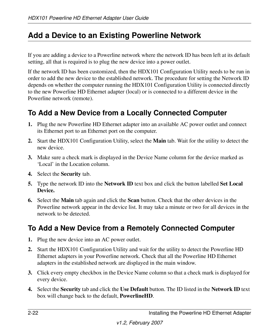 NETGEAR HDX101 manual Add a Device to an Existing Powerline Network, To Add a New Device from a Locally Connected Computer 