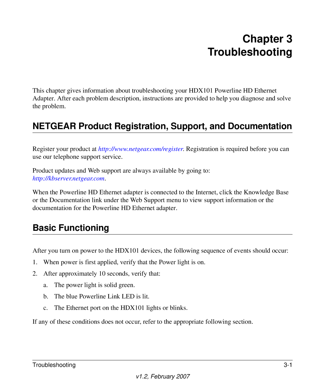 NETGEAR HDX101 manual Chapter Troubleshooting, Netgear Product Registration, Support, and Documentation, Basic Functioning 