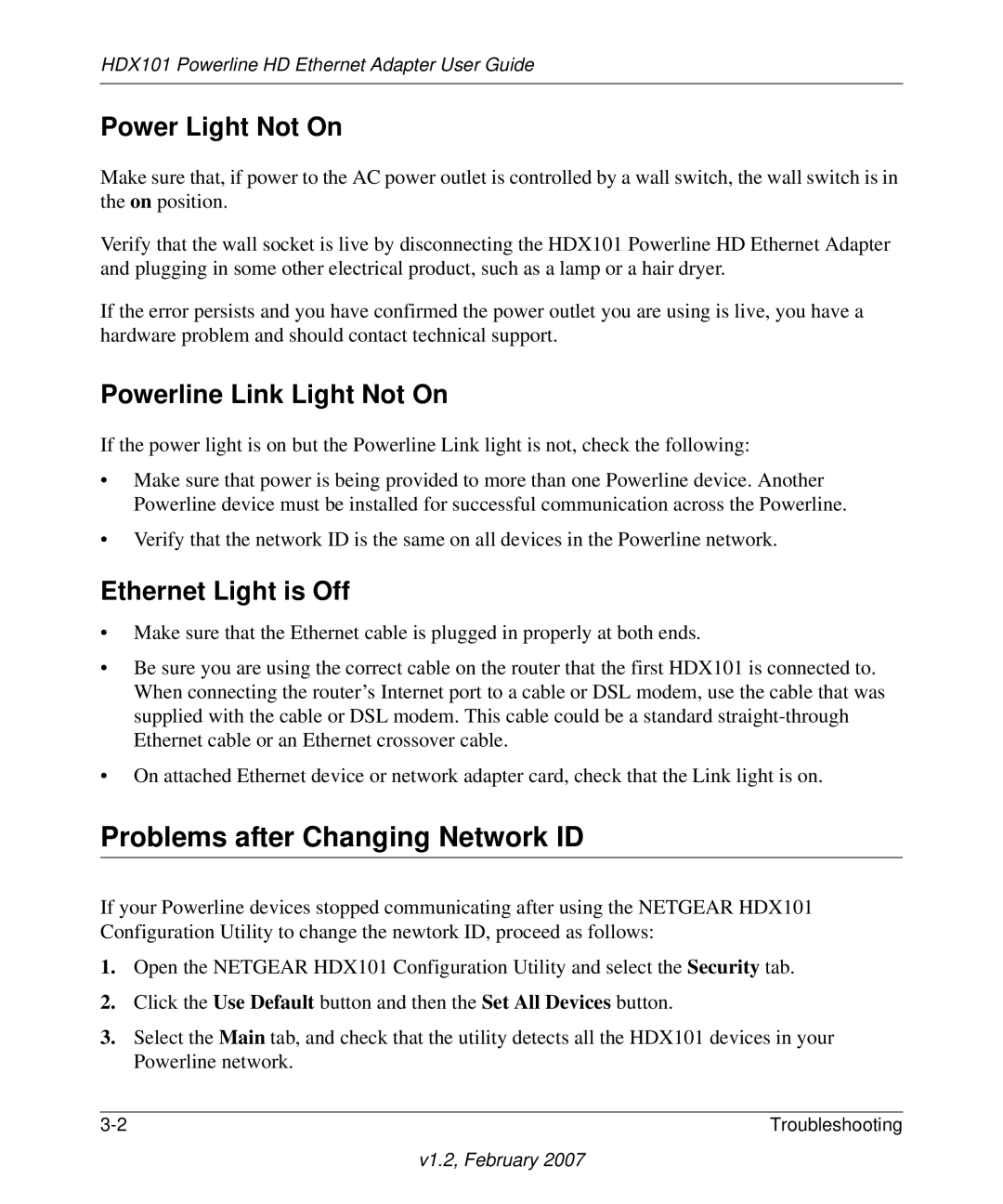 NETGEAR HDX101 Problems after Changing Network ID, Power Light Not On, Powerline Link Light Not On, Ethernet Light is Off 