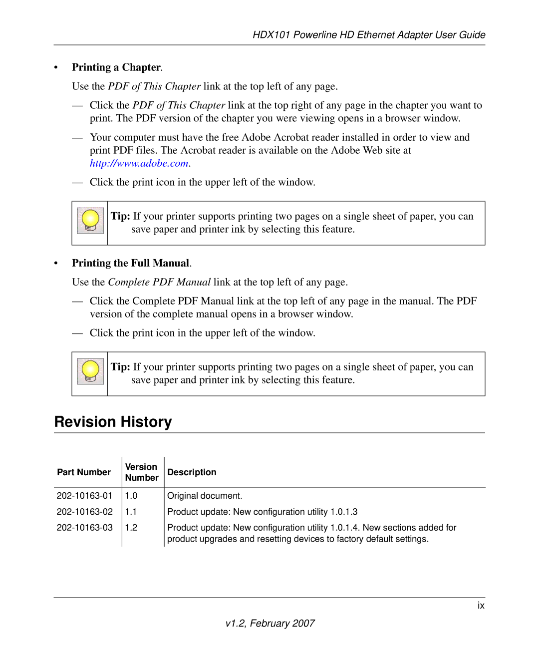 NETGEAR HDX101 manual Revision History, Printing a Chapter 