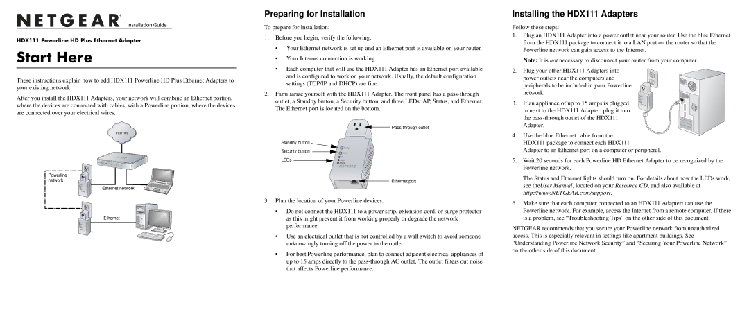 NETGEAR user manual Start Here, Preparing for Installation, Installing the HDX111 Adapters 