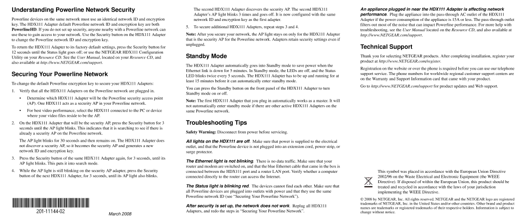 NETGEAR HDX111 Understanding Powerline Network Security, Securing Your Powerline Network, Standby Mode, Technical Support 