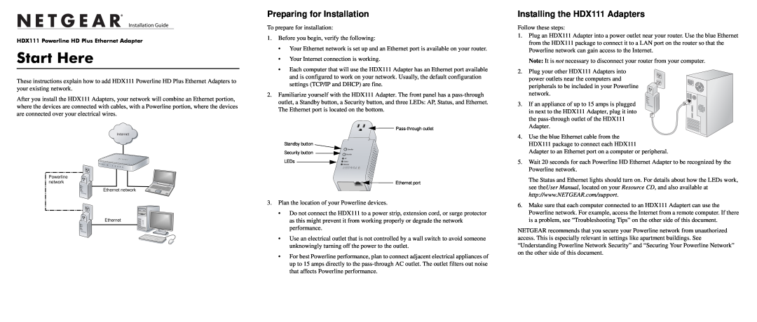 NETGEAR user manual Preparing for Installation, Installing the HDX111 Adapters, Start Here 