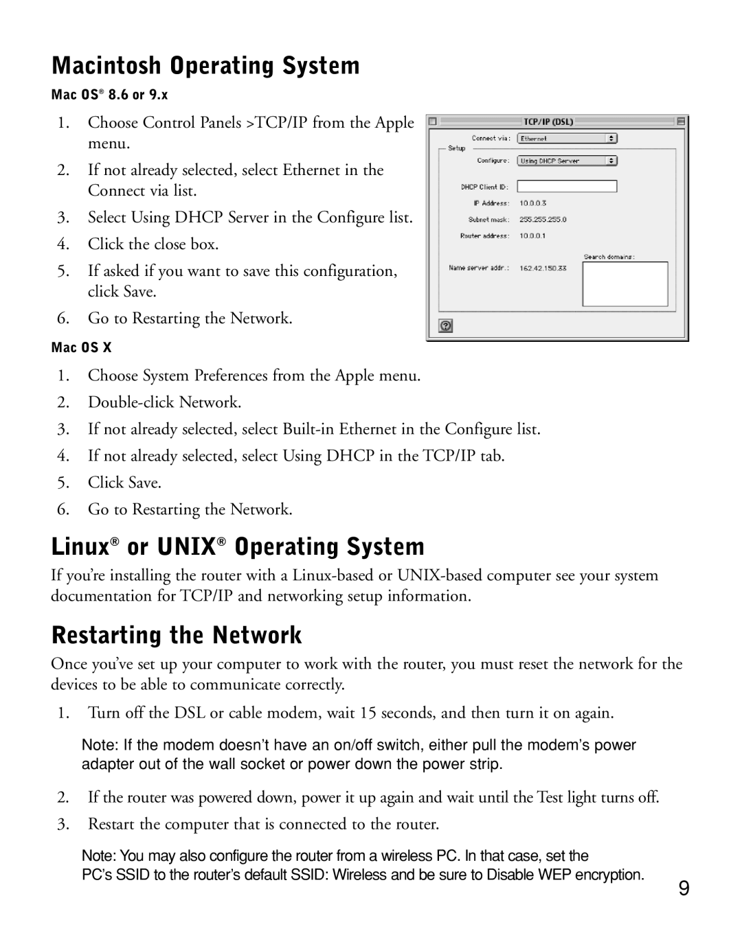 NETGEAR HR314 manual Macintosh Operating System, Linux or Unix Operating System, Restarting the Network 