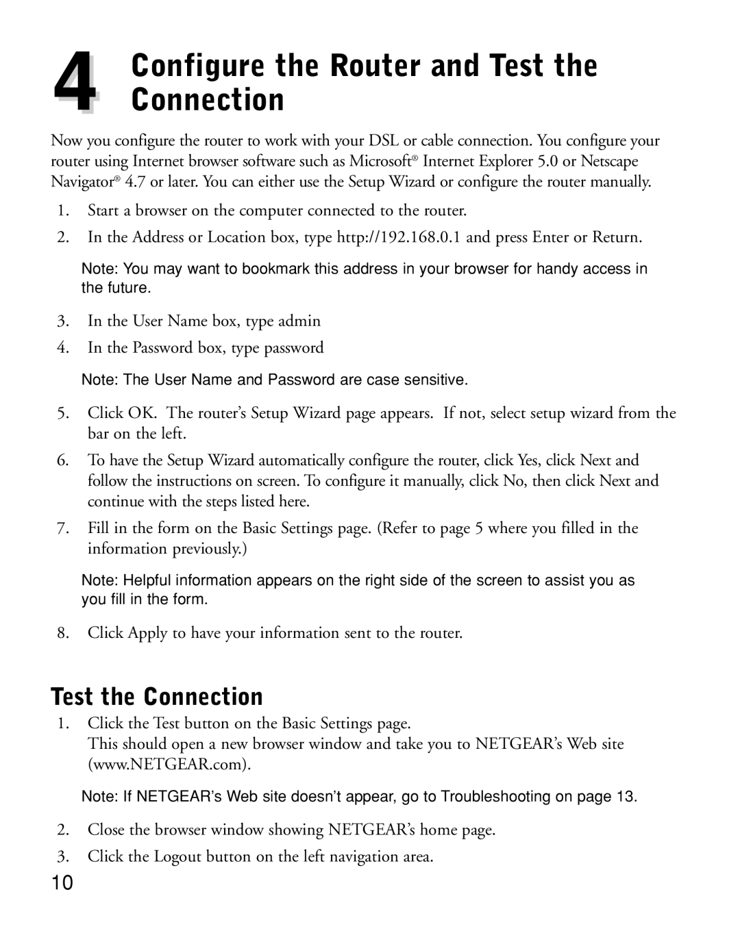 NETGEAR HR314 manual Configure the Router and Test the Connection 