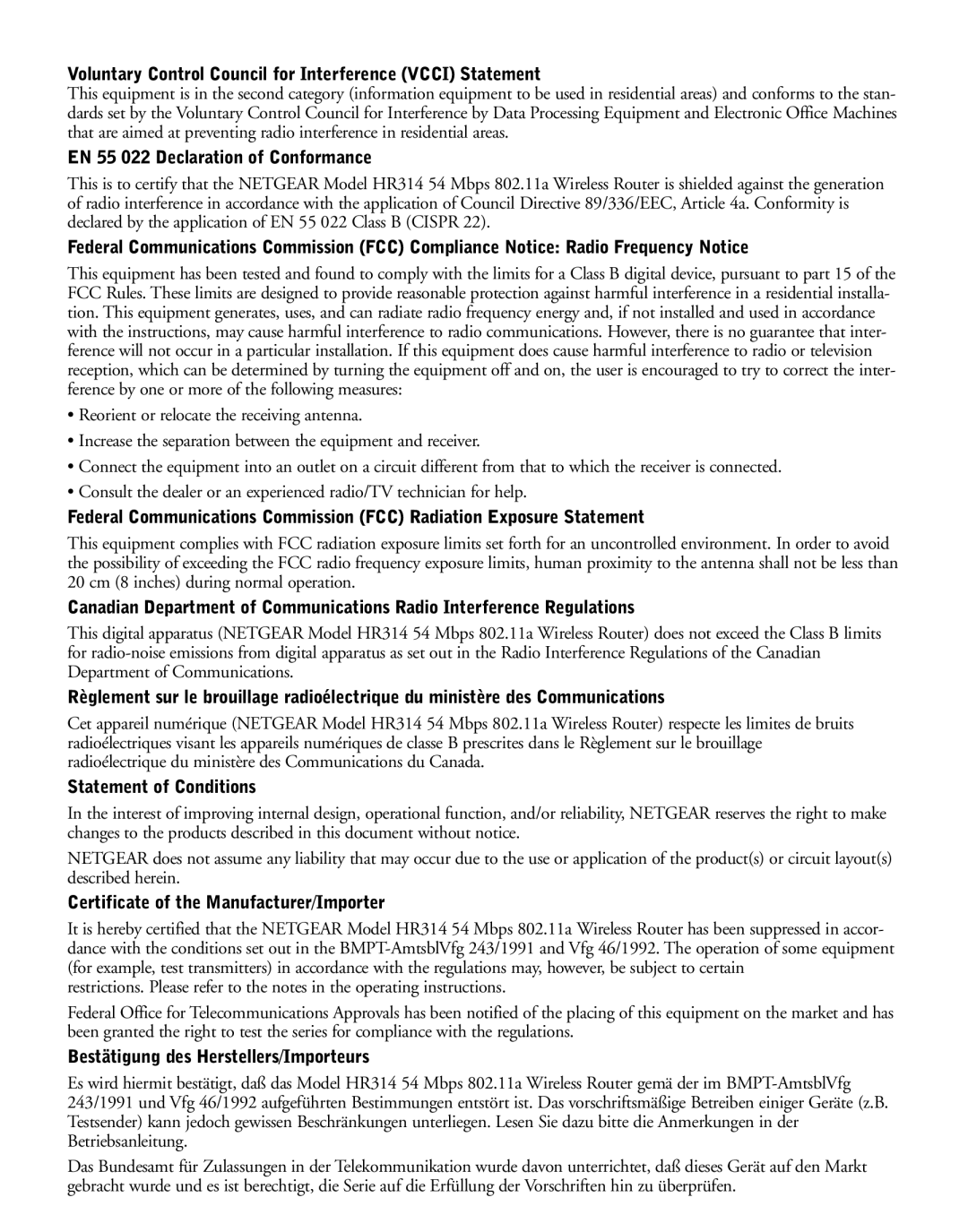 NETGEAR HR314 manual Voluntary Control Council for Interference Vcci Statement 
