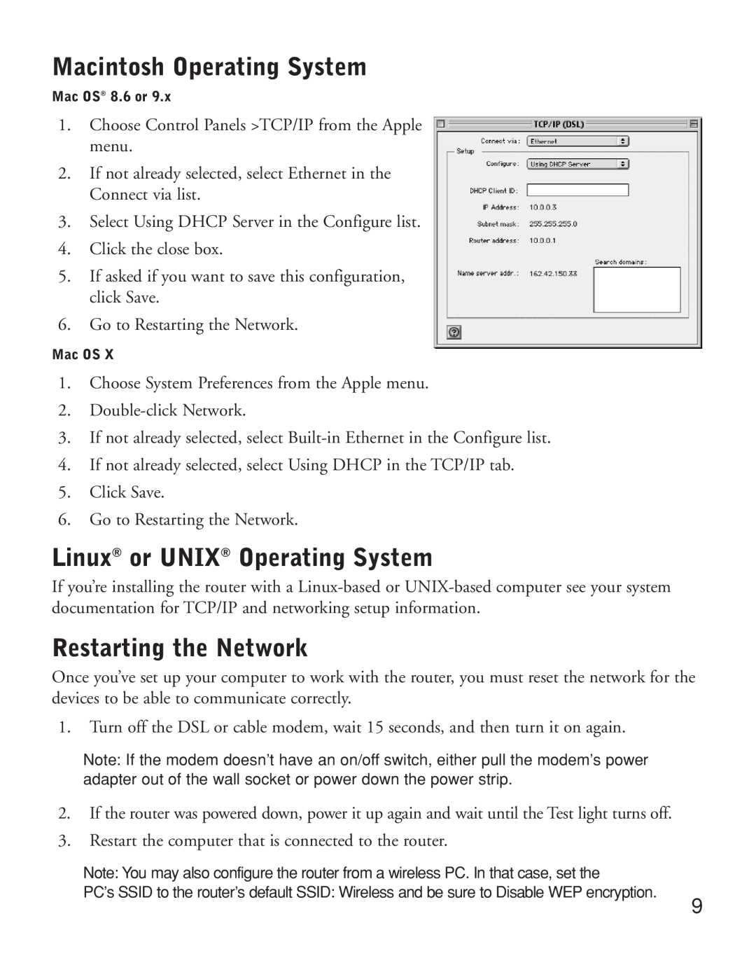 NETGEAR HR314 manual Macintosh Operating System, Linux or UNIX Operating System, Restarting the Network 
