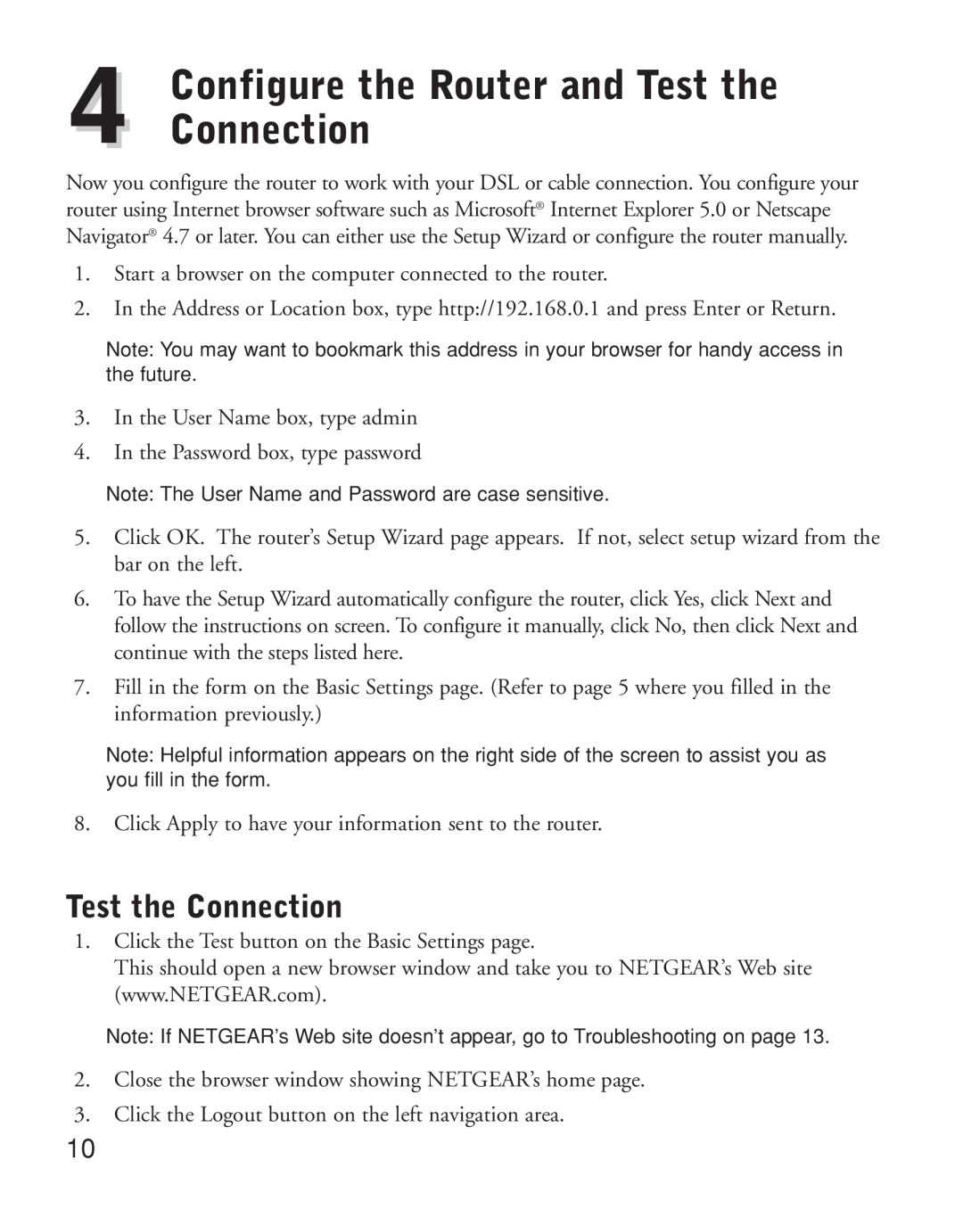 NETGEAR HR314 manual Configure the Router and Test the Connection 