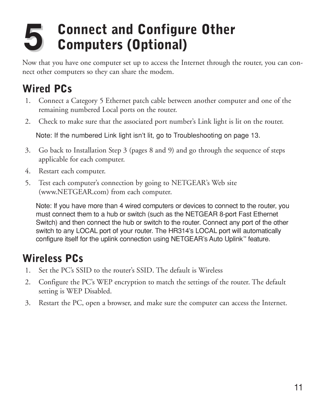 NETGEAR HR314 manual Connect and Configure Other Computers Optional, Wired PCs, Wireless PCs 