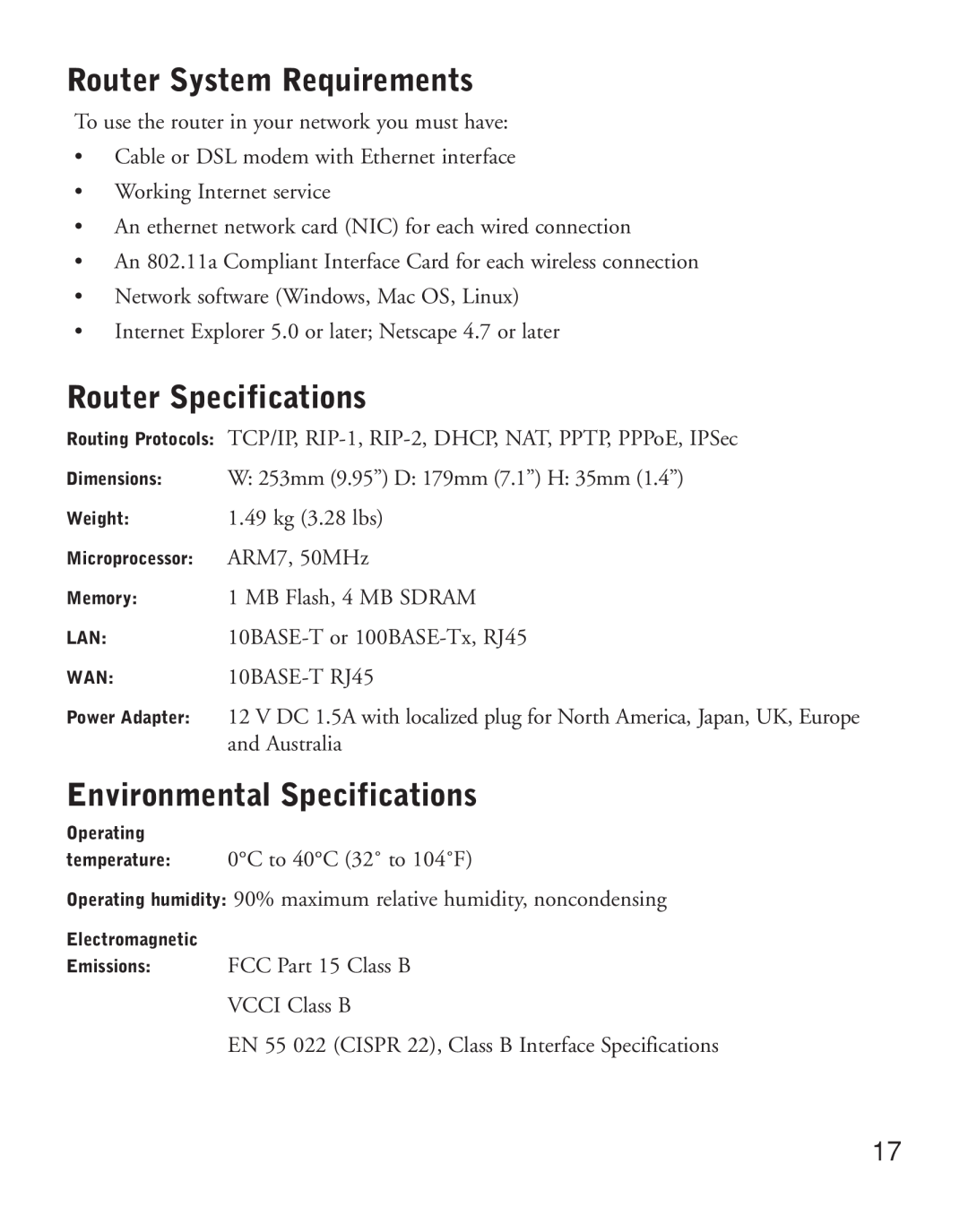 NETGEAR HR314 manual Router System Requirements, Router Specifications, Environmental Specifications 