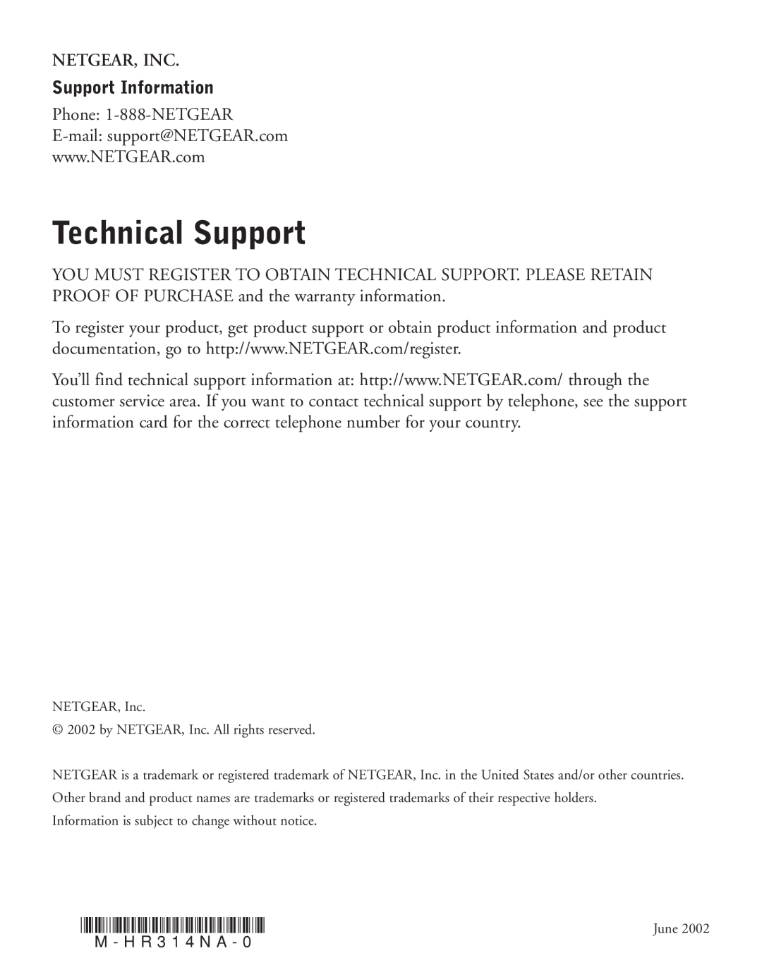 NETGEAR HR314 manual Technical Support, Netgear, Inc, Support Information 