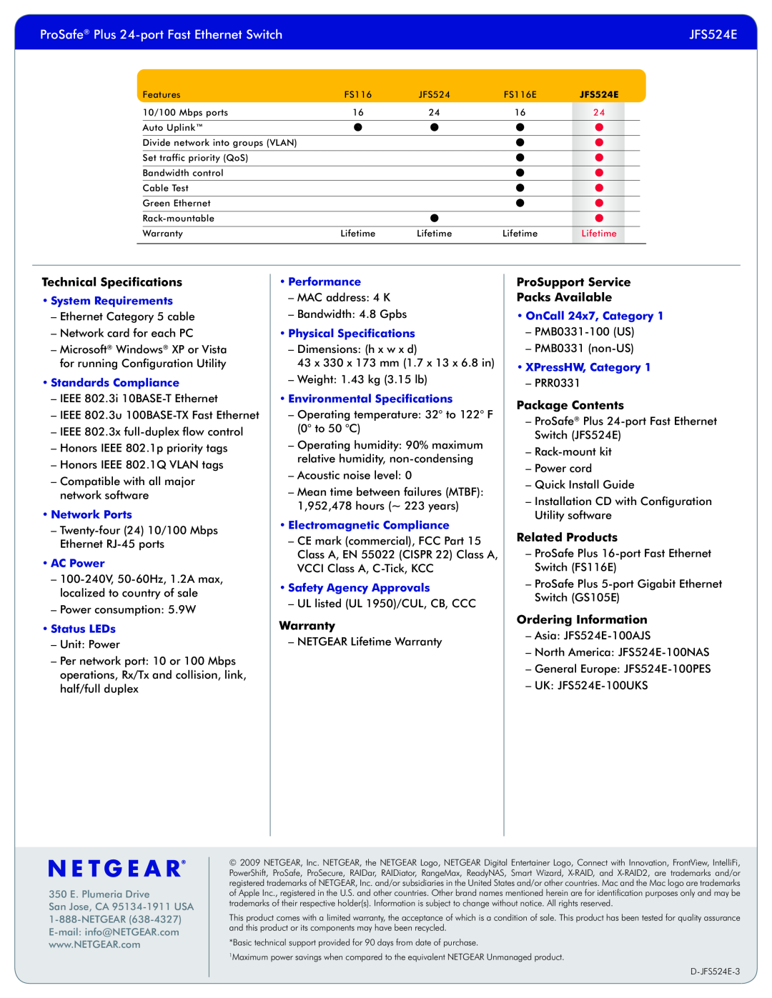 NETGEAR JFS524E manual ProSafe Plus 24-port Fast Ethernet Switch, Technical Specifications, Warranty, Package Contents 