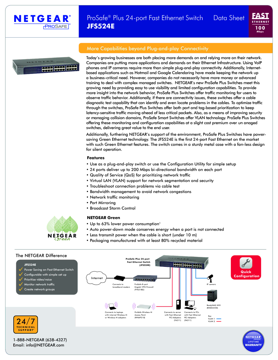 NETGEAR JFS524E manual Features, Netgear Green 