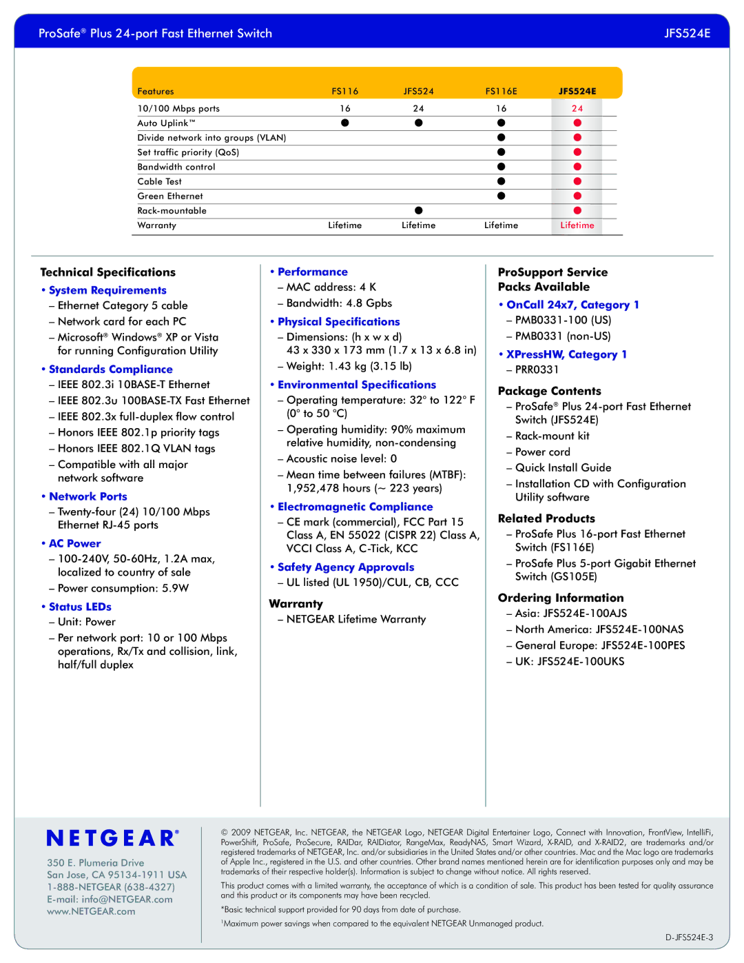 NETGEAR JFS524E Technical Specifications, Warranty, ProSupport Service Packs Available, Package Contents, Related Products 