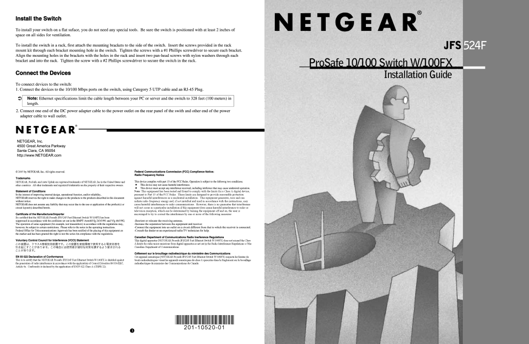 NETGEAR JFS524F manual ProSafe 10/100 Switch W/100FX, 201-10520-01, 2005 