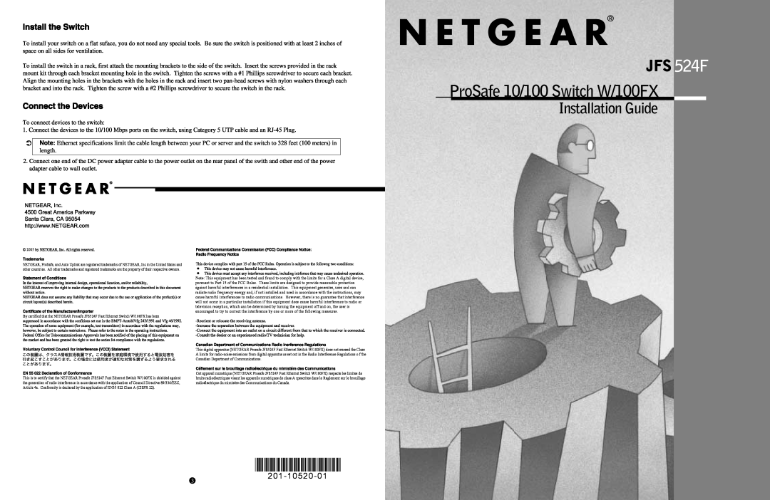 NETGEAR JFS524F manual 201-10520-01, ProSafe 10/100 Switch W/100FX 