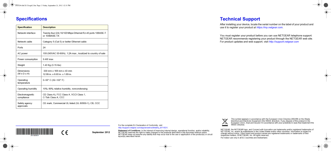 NETGEAR JFS524NA manual Specifications, Technical Support, Specification Description, September 