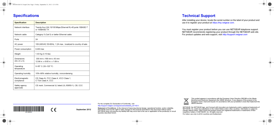 NETGEAR JFS524NA manual Specifications, Technical Support, Description, September 