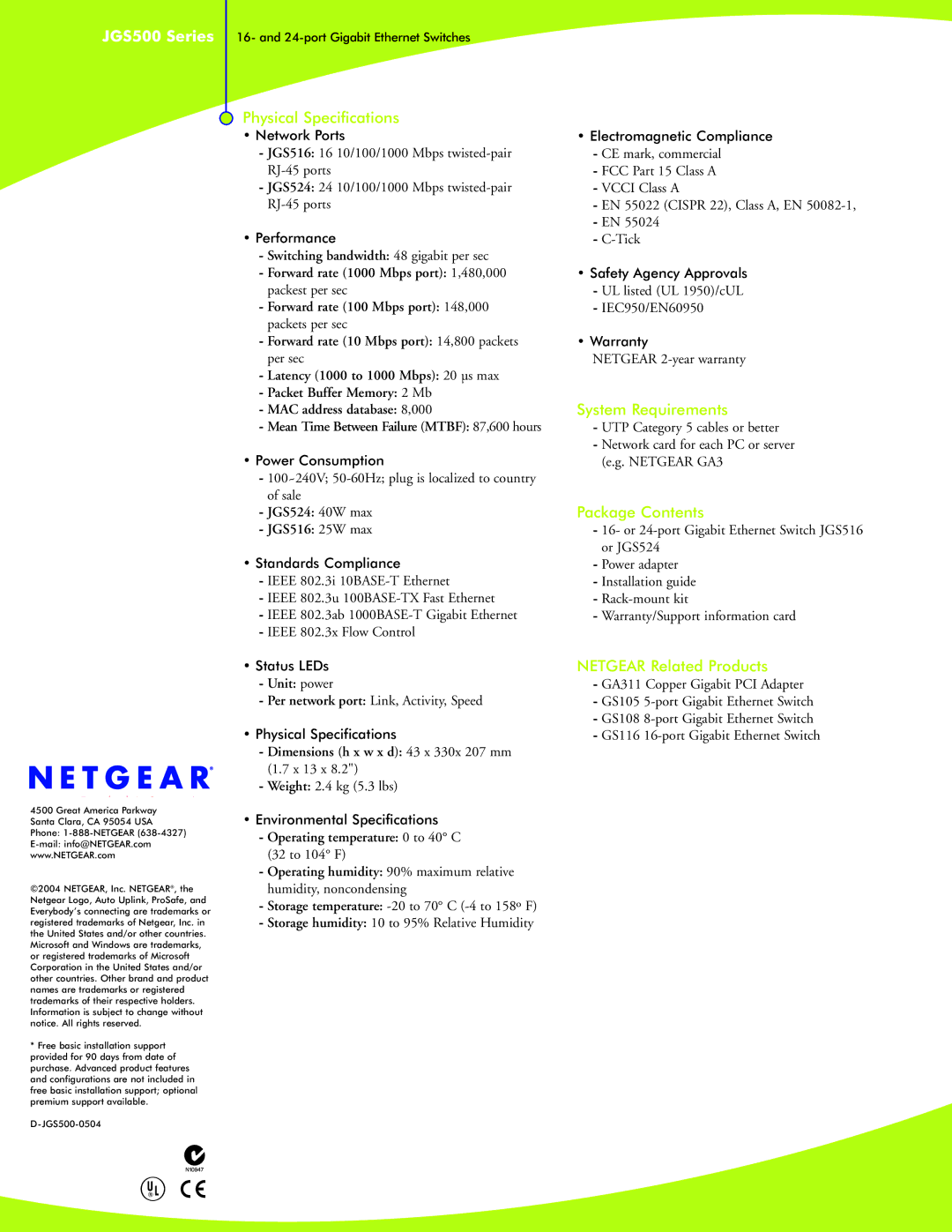 NETGEAR JGS500 manual Physical Specifications, System Requirements, Package Contents, Netgear Related Products 