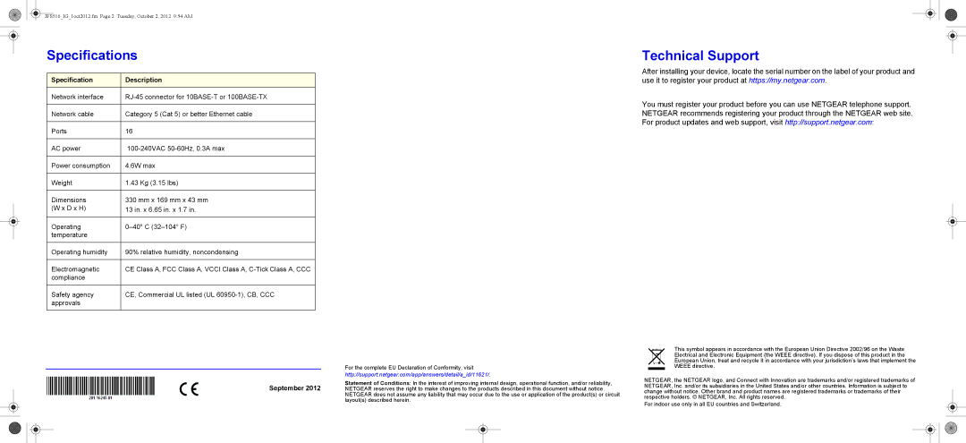 NETGEAR JGS516, JFS516NA manual Specifications, Technical Support, Specification Description, September 