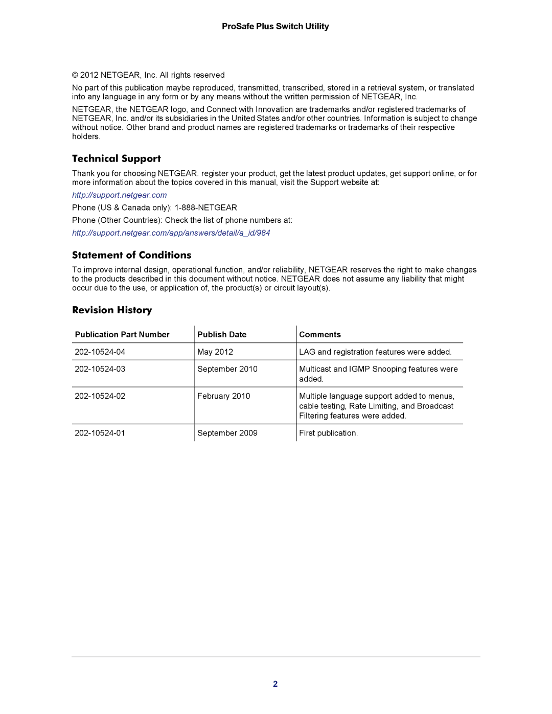 NETGEAR JGS524E-100NAS manual Technical Support, Statement of Conditions, Revision History 