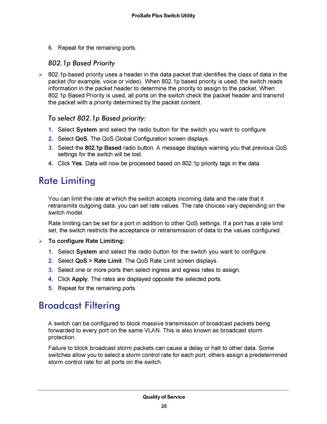 NETGEAR JGS524E-100NAS manual Broadcast Filtering,  To configure Rate Limiting 