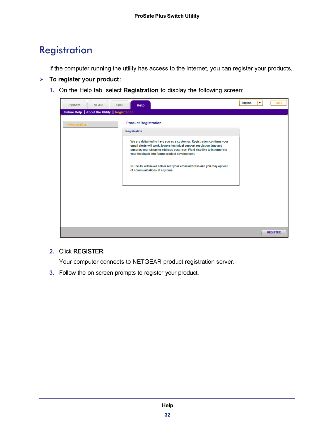 NETGEAR JGS524E-100NAS manual Registration,  To register your product, Click Register 