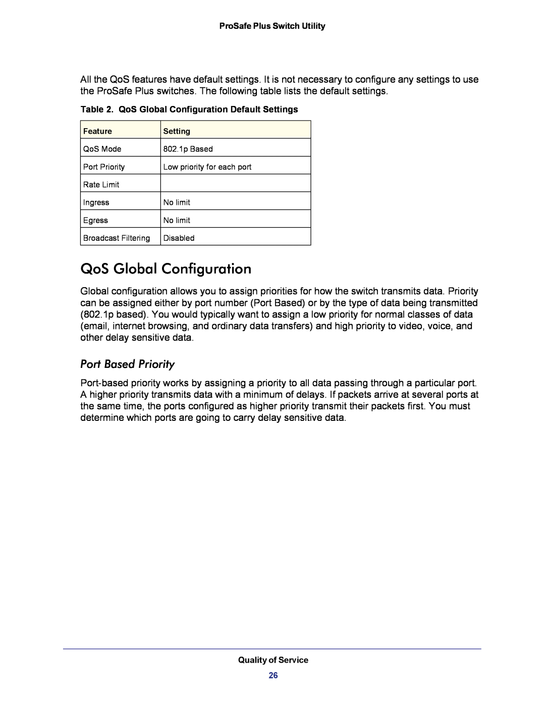 NETGEAR JGS524E-100NAS manual QoS Global Configuration, Port Based Priority 