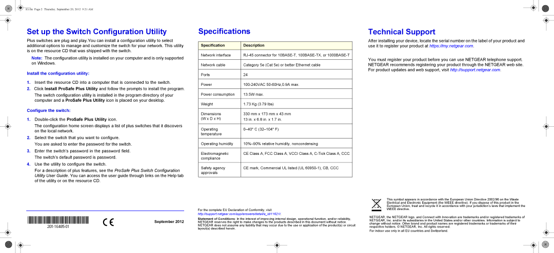 NETGEAR JGS524E manual Set up the Switch Configuration Utility, Specifications, Technical Support, Configure the switch 