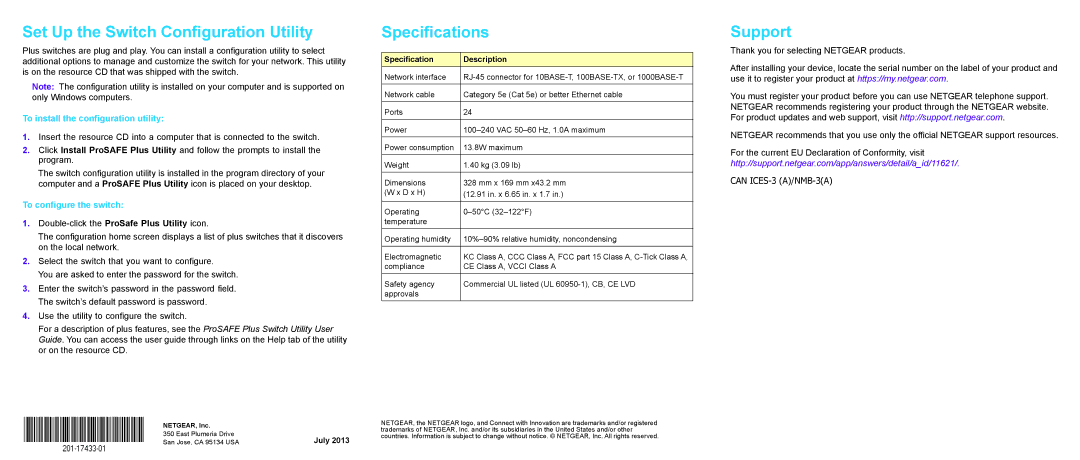 NETGEAR JGS524Ev2 Set Up the Switch Configuration Utility, Specifications, Support, To install the configuration utility 