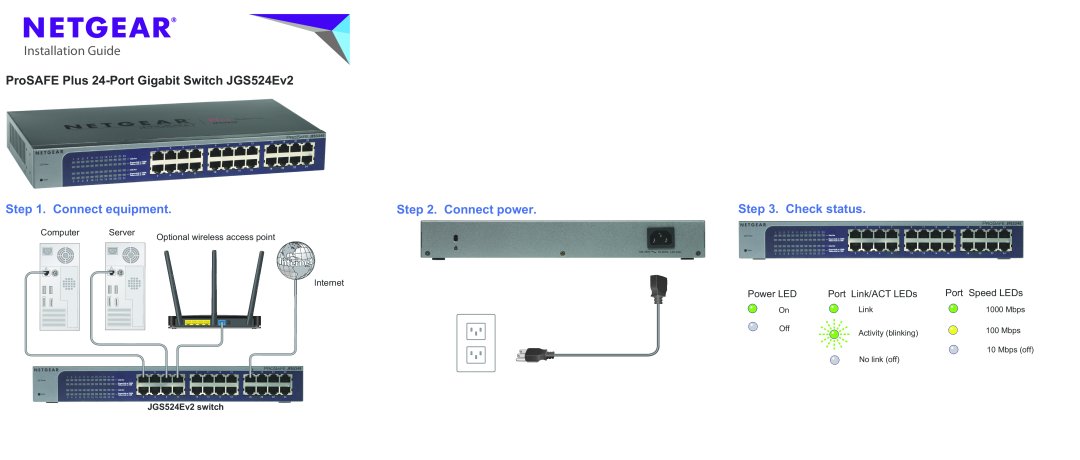 NETGEAR manual Installation Guide, ProSAFE Plus 24-Port Gigabit Switch JGS524Ev2, Connect equipment, Connect power 