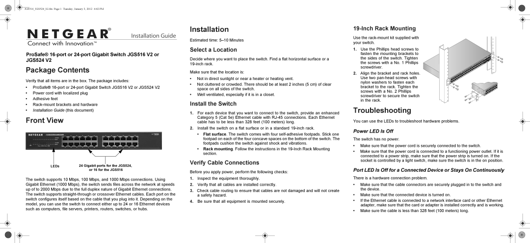 NETGEAR JGS524NA manual Package Contents, Front View, Installation, Troubleshooting 