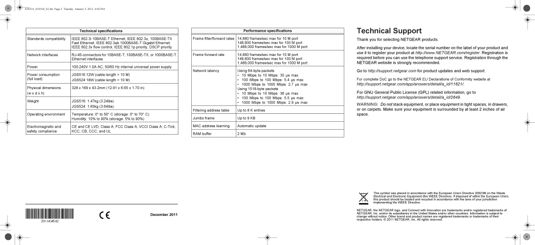 NETGEAR JGS524NA manual Technical Support, Technical specifications, Performance specifications, December 