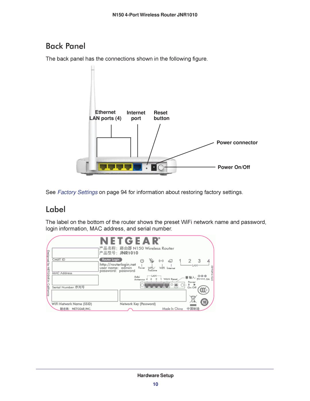 NETGEAR JNR1010 manual Back Panel, Label 