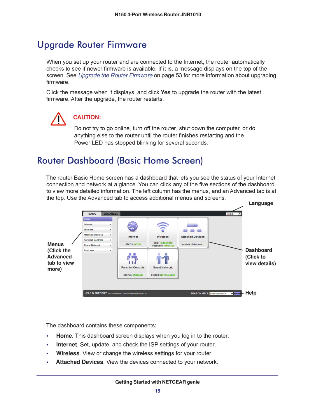 NETGEAR JNR1010 manual Upgrade Router Firmware, Router Dashboard Basic Home Screen 