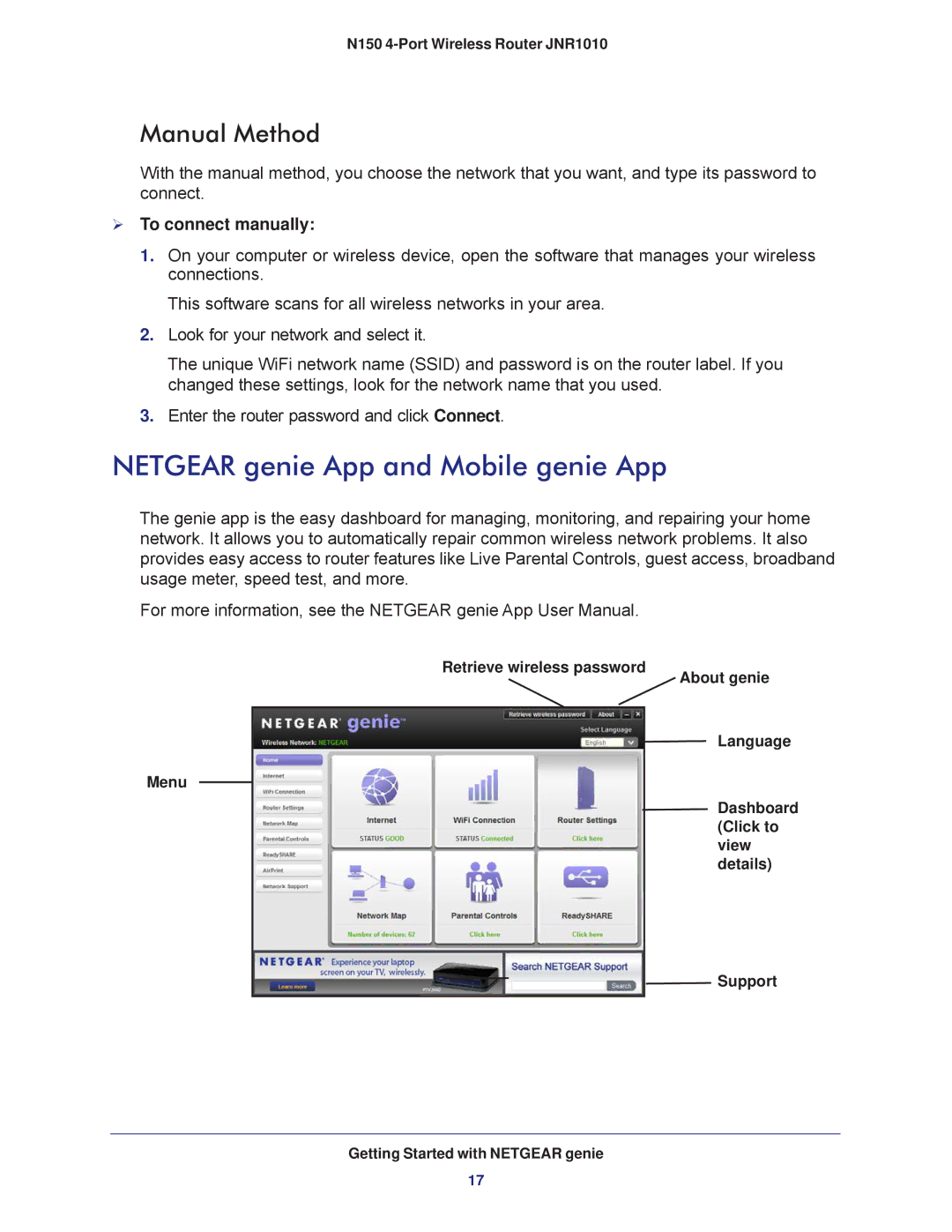 NETGEAR JNR1010 Netgear genie App and Mobile genie App, Manual Method,  To connect manually 