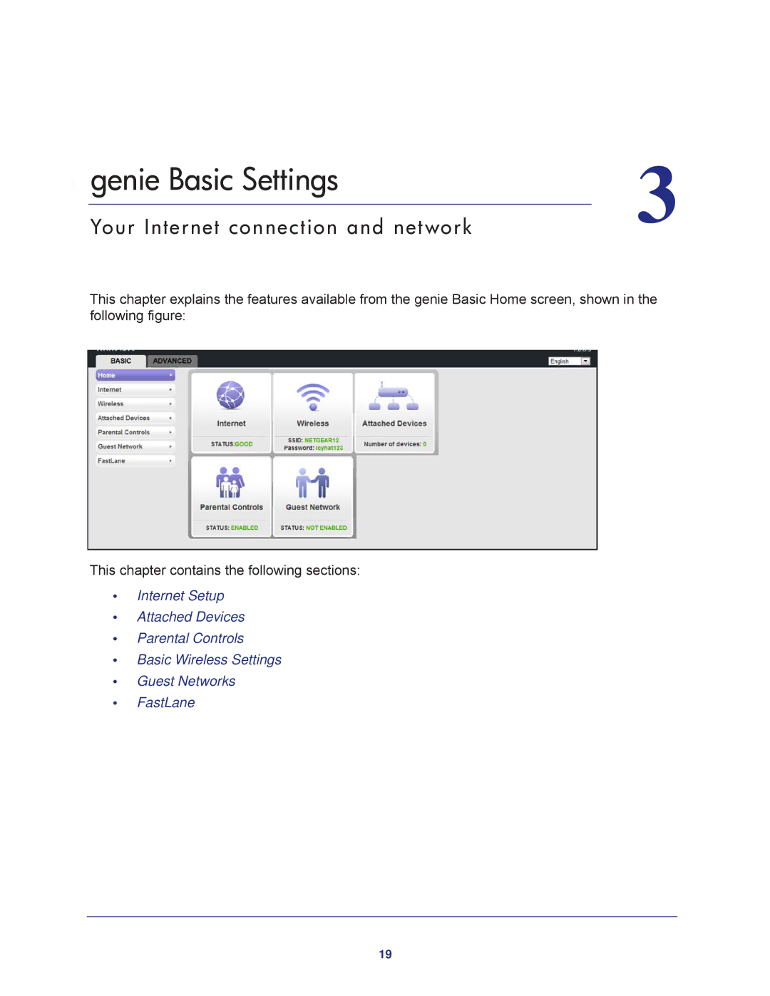 NETGEAR JNR1010 manual Genie Basic Settings, Your Internet connection and network 