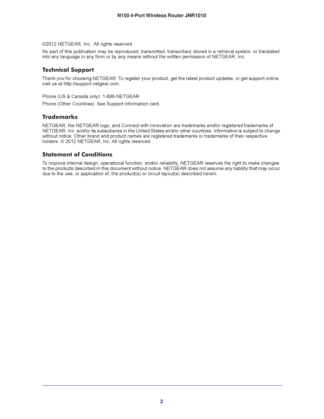 NETGEAR JNR1010 manual Technical Support, Trademarks, Statement of Conditions 