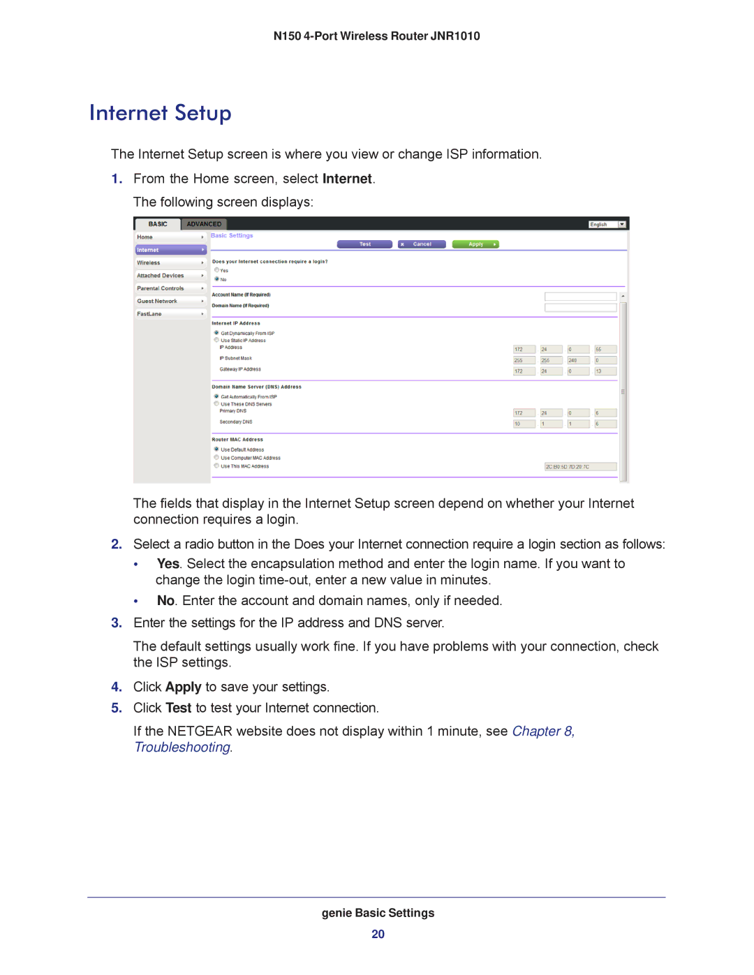 NETGEAR JNR1010 manual Internet Setup 