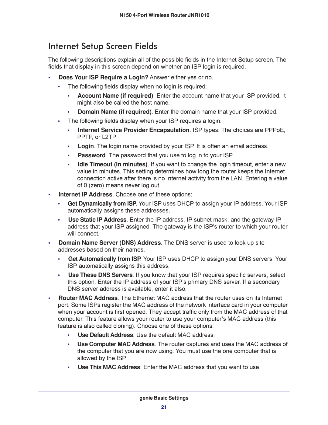 NETGEAR JNR1010 manual Internet Setup Screen Fields, Does Your ISP Require a Login? Answer either yes or no 