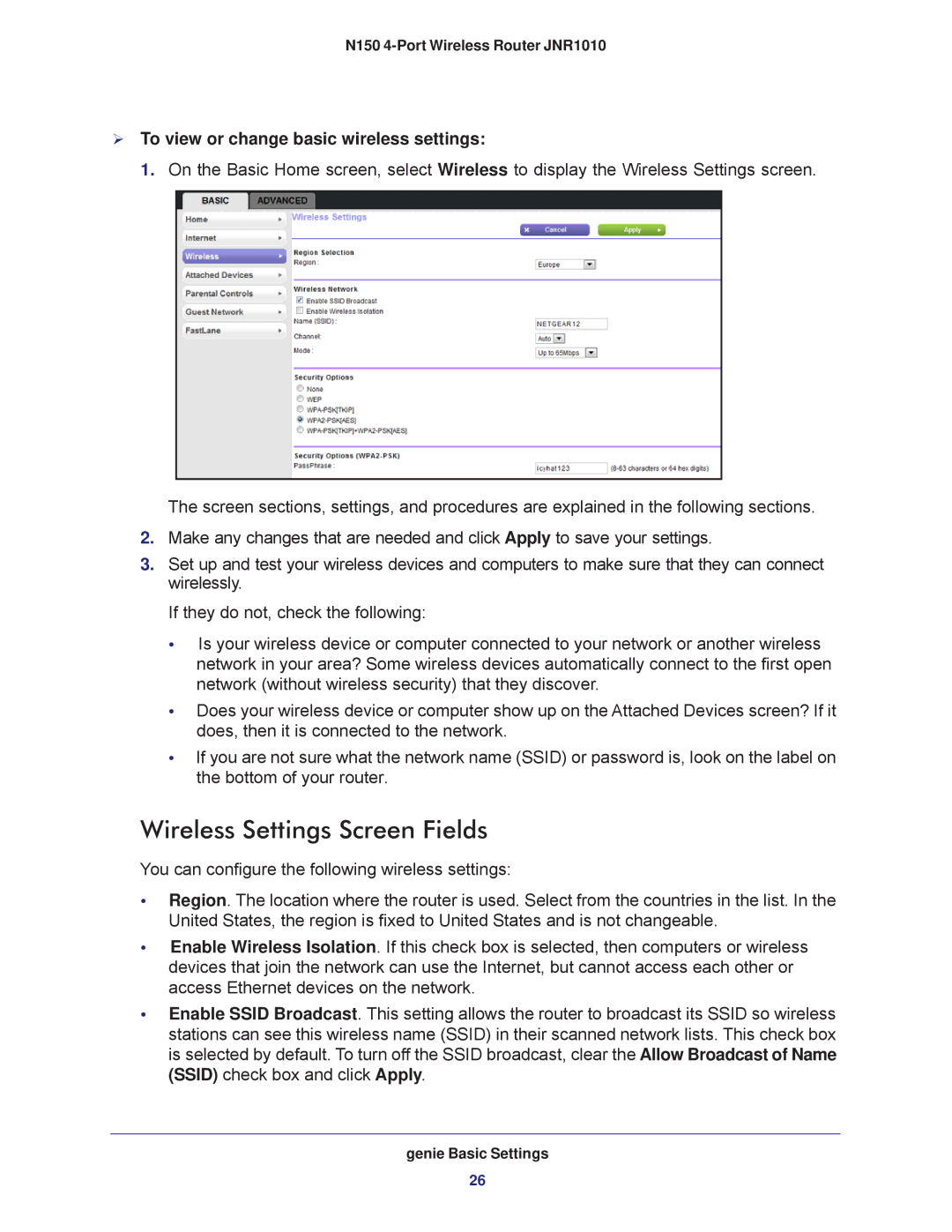 NETGEAR JNR1010 manual Wireless Settings Screen Fields,  To view or change basic wireless settings 