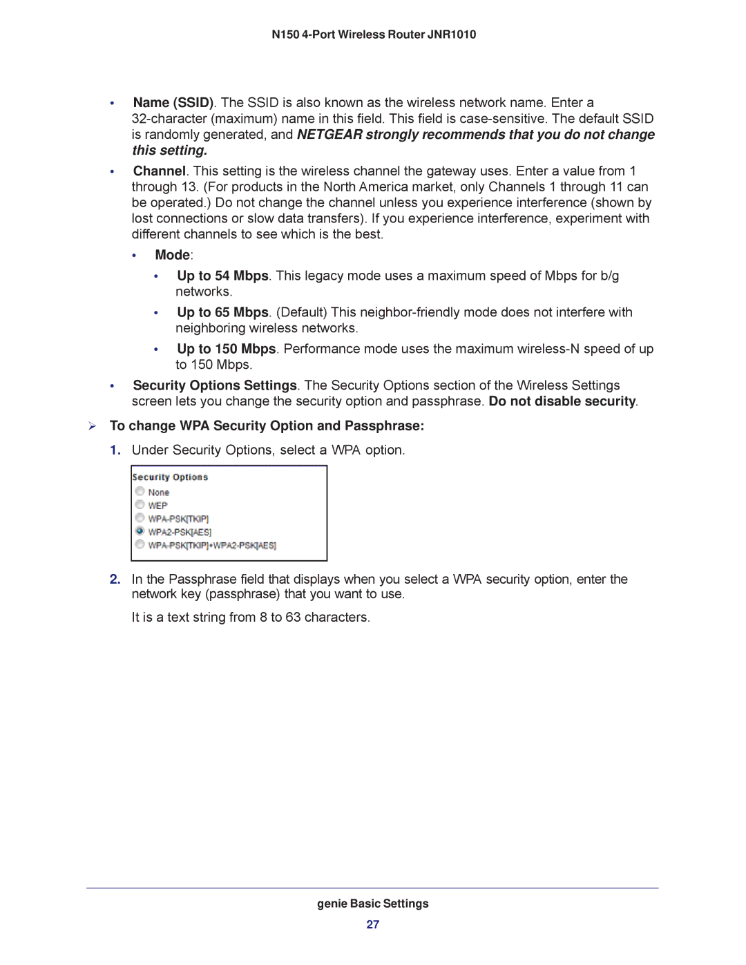 NETGEAR JNR1010 manual Mode,  To change WPA Security Option and Passphrase 