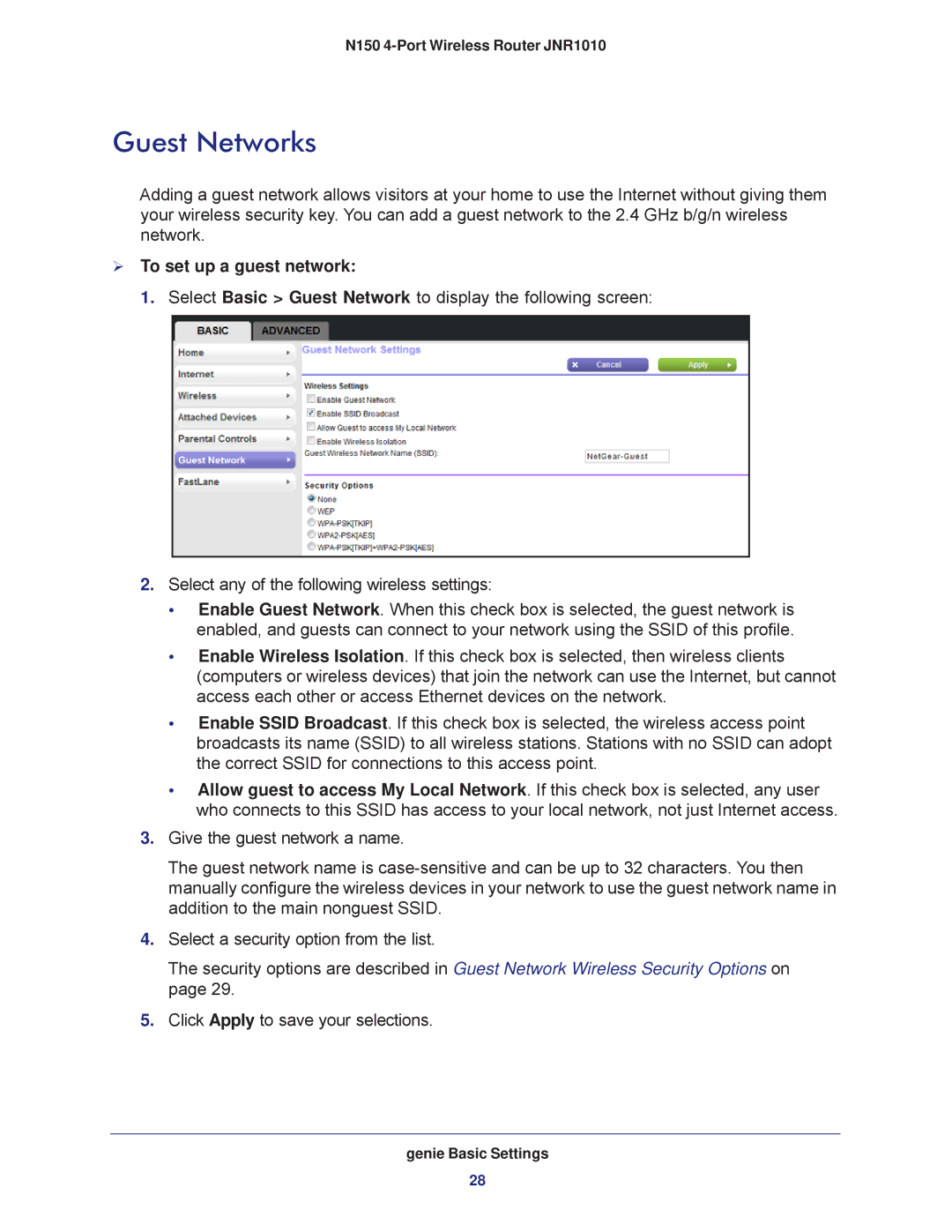 NETGEAR JNR1010 manual Guest Networks,  To set up a guest network 