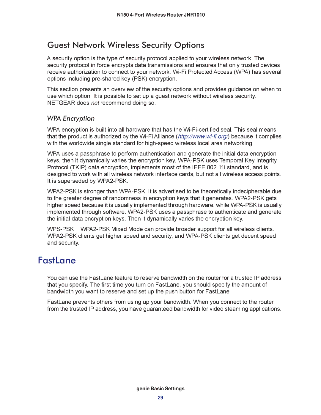 NETGEAR JNR1010 manual FastLane, Guest Network Wireless Security Options 